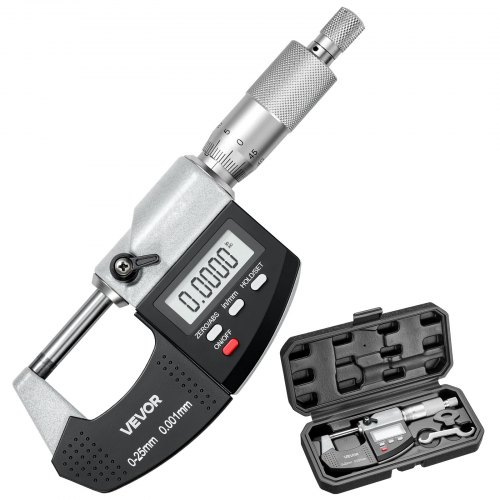 VEVOR mikrometersett, digital utvendig mikrometer 0–25,4 mm måleområde, 0,001 mm oppløsning, ultrapresis nøyaktighet, LCD-skjerm, tomme/mm-bryter, karbidspiss, med beskyttelsesetui