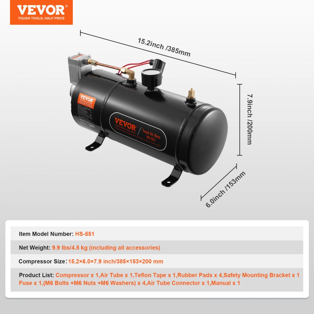 VEVOR 12V luftkompressor med tank 0,8 gallon/3 l, toghornluftkompressor, 120 psi arbeidstrykk innebygd luftkompressorsystem for toghorn, oppblåsing av dekk, luftmadrasser