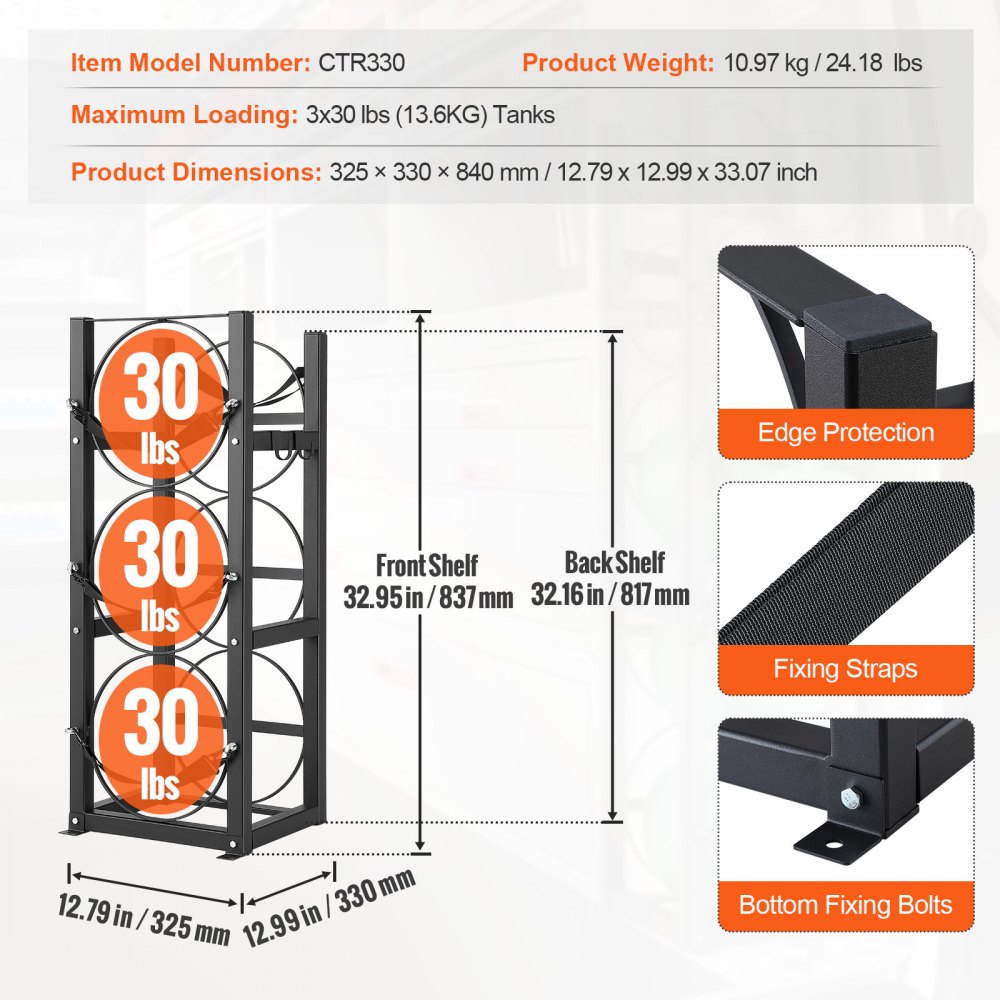 VEVOR Refrigerant Tank Rack, with 3 x 30lbs Bottle Tanks, Cylinder Tank Rack 12.79x12.99x33.07 in, Refrigerant Cylinder Rack Gas Cylinder Racks and Holders for Freon, Gases, Oxygen, Nitrogen