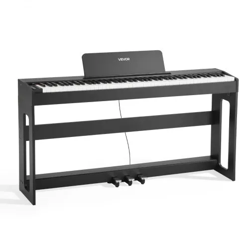 VEVOR vektet digitalpiano, 88 tangenter fullt vektet, elektrisk pianokeyboard med møbelstativ, strømadapter, trippelpedal, opptaksfunksjon, 280 toner, trådløs tilkobling, for nybegynnere, svart