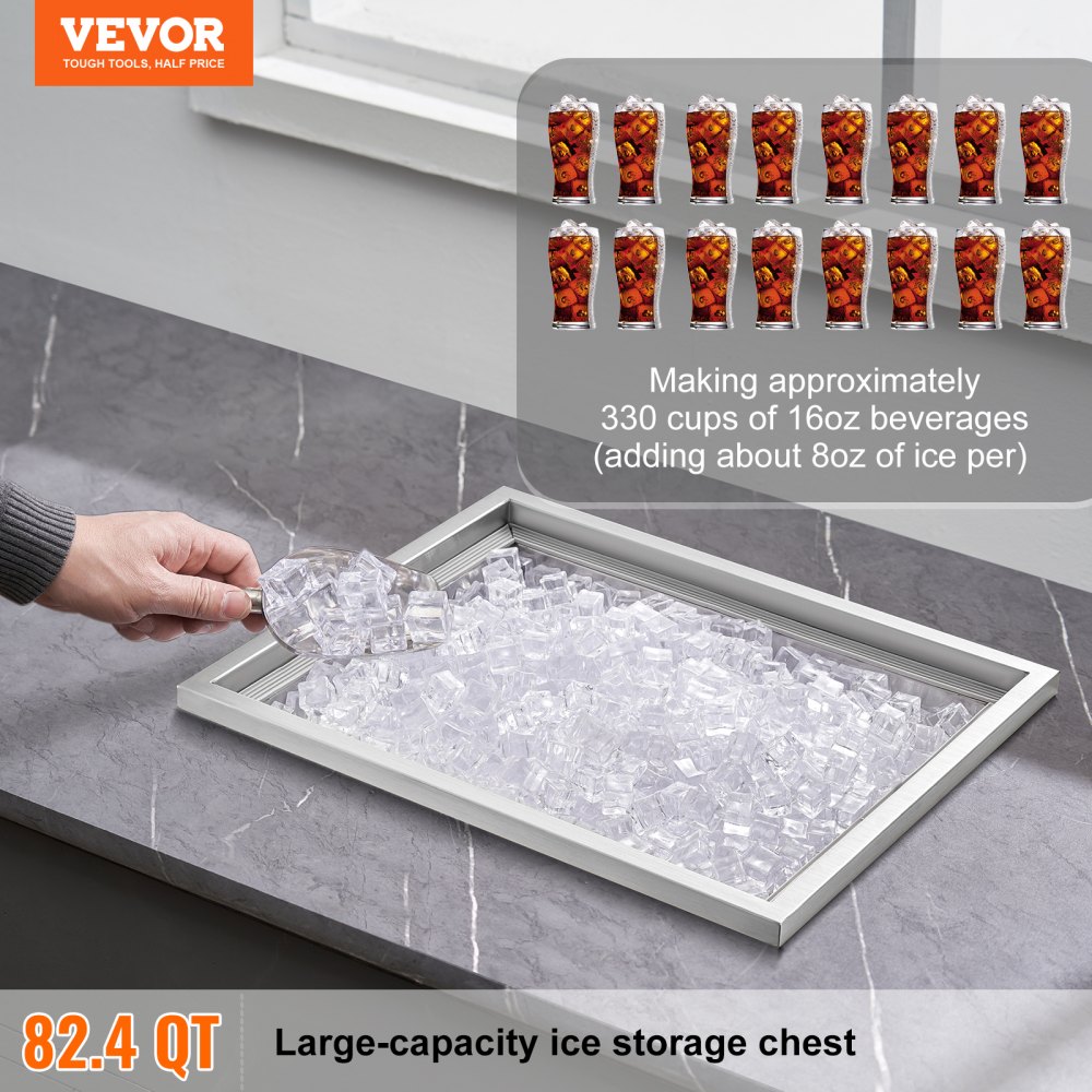 VEVOR kjøleboks for innsetting, 56,5 cm L x 43,8 cm B x 46,8 cm H Iskjøler i rustfritt stål, kommersiell isboks med lokk, 1,8 liter isbar til utendørskjøkken, avløpsrør og avløpsplugg inkludert, for kald vin og øl