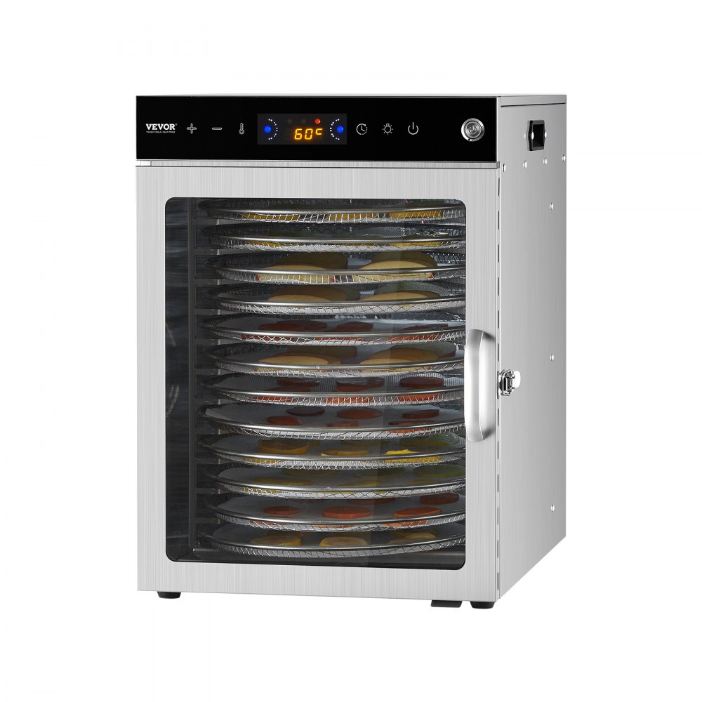 VEVOR roterende mattørker, 12 brett i rustfritt stål, 800 W elektrisk mattørker med justerbar temperatur og 24-timers timer, mattørker for tørrkjøtt, kjøtt, frukt, grønnsaker, urter, hundegodbiter