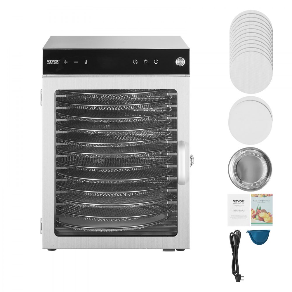 VEVOR roterende mattørker, 12 brett i rustfritt stål, 800 W elektrisk mattørker med justerbar temperatur og 24-timers timer, mattørker for tørrkjøtt, kjøtt, frukt, grønnsaker, urter, hundegodbiter