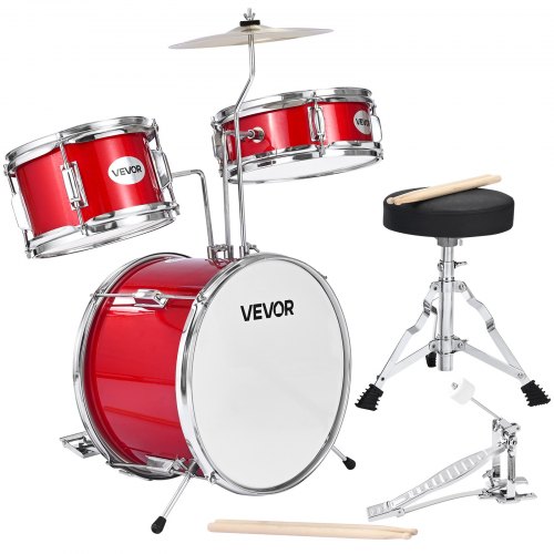 VEVOR Barnetrommesett, 3-delt 14 tommer / 355,6 mm Juniortrommesett, Nybegynnertrommesett med justerbar trone og to par trommestikker, Musikalsk Læringstrommeinstrumentsett, for barn i alderen 6-13 (Rød)