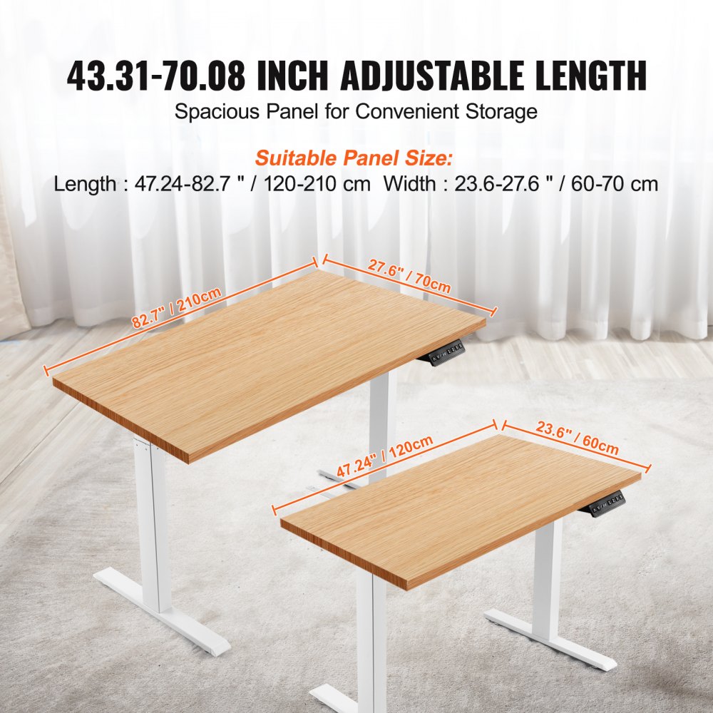 VEVOR stående skrivebordsramme dobbel motor, justerbar 27,6"-46,1" høyde og 43,3"-70,1" lengde Elektrisk stående skrivebordsben, ergonomisk DIY-arbeidsstasjonsbase for hjemme og kontor (kun hvit ramme)