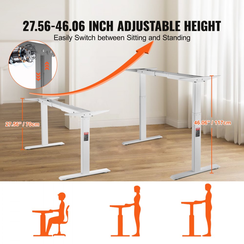 VEVOR stående skrivebordsramme dobbel motor, justerbar 27,6"-46,1" høyde og 43,3"-70,1" lengde Elektrisk stående skrivebordsben, ergonomisk DIY-arbeidsstasjonsbase for hjemme og kontor (kun hvit ramme)