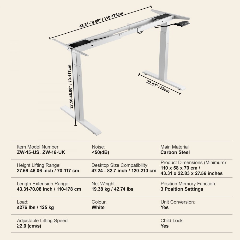 VEVOR stående skrivebordsramme dobbel motor, justerbar 27,6"-46,1" høyde og 43,3"-70,1" lengde Elektrisk stående skrivebordsben, ergonomisk DIY-arbeidsstasjonsbase for hjemme og kontor (kun hvit ramme)