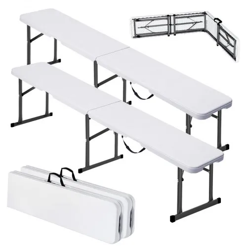 VEVOR plast sammenleggbar benk, 6 fot bærbar benk for innendørs/utendørs piknik, fest, terrasse, camping og spising, sammenleggbart glatt HDPE-sete for hagefotball, multifunksjonelle underholdende aktiviteter, 2-pakning, hvit
