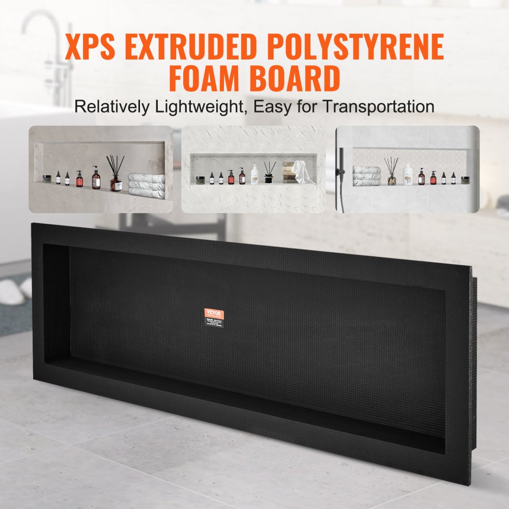 VEVOR Dusjnisje Klar for Flislegging 40,64 x 127 cm, Enkel Hylle Organisator, Firkantede Hjørner Vegginnfelt Nisje, Forseglet Beskyttelse Moderne Såpeoppbevaringsnisje for Dusjbad, Svart