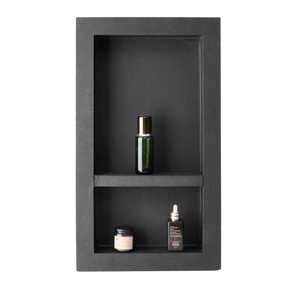 VEVOR Dusjnisje, 40,6 x 71,1 x 10,2 cm Innfelt veggnisje med flyttbar skillehylle, Moderne såpe- og sjampooppbevaringsorganisator, Firkantede hjørner, Forseglet vanntett design, Svart for baderom