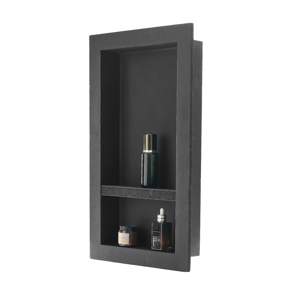 VEVOR Dusjnisje, 40,6 x 71,1 x 10,2 cm Innfelt veggnisje med flyttbar skillehylle, Moderne såpe- og sjampooppbevaringsorganisator, Firkantede hjørner, Forseglet vanntett design, Svart for baderom