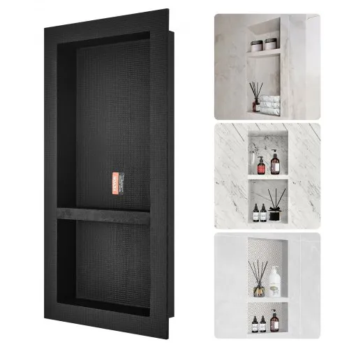 VEVOR Dusjnisje Klar for Flislegging 40,64 x 81,28 cm, Dobbel Hylleorganisator, Firkantede Hjørner Vegginnsatt Nisje Innfelt, Forseglet Beskyttelse Moderne Såpeoppbevaringsnisje for Dusjbad, Svart