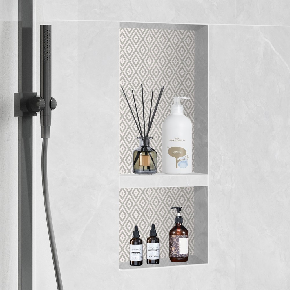 VEVOR Dusjnisje Klar for Flislegging 40,64 x 81,28 cm, Dobbel Hylleorganisator, Firkantede Hjørner Vegginnsatt Nisje Innfelt, Forseglet Beskyttelse Moderne Såpeoppbevaringsnisje for Dusjbad, Svart