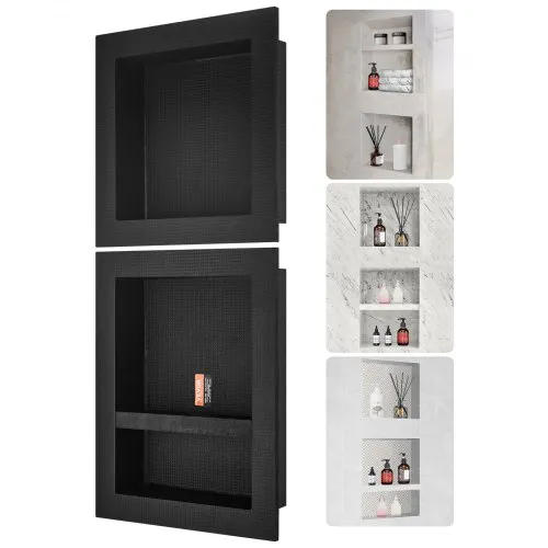 VEVOR Dusjnisje Klar for Flislegging 40,64x40,64cm og 40,64x50,8cm, Trippel Hylle, Firkantede Hjørner Vegginnfelt Nisje, Forseglet Beskyttelse Moderne Såpeoppbevaringsnisje for Duschbad, Svart