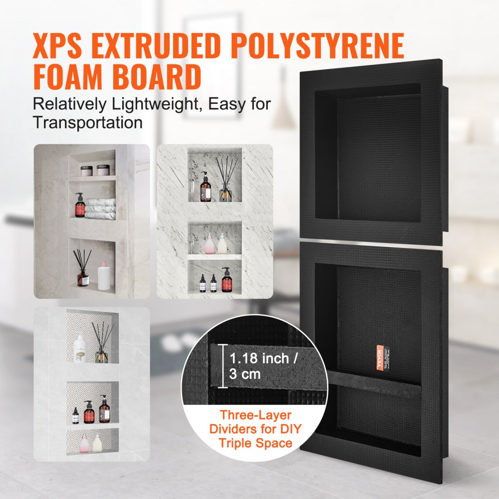 VEVOR Dusjnisje Klar for Flislegging 40,64x40,64cm og 40,64x50,8cm, Trippel Hylle, Firkantede Hjørner Vegginnfelt Nisje, Forseglet Beskyttelse Moderne Såpeoppbevaringsnisje for Duschbad, Svart