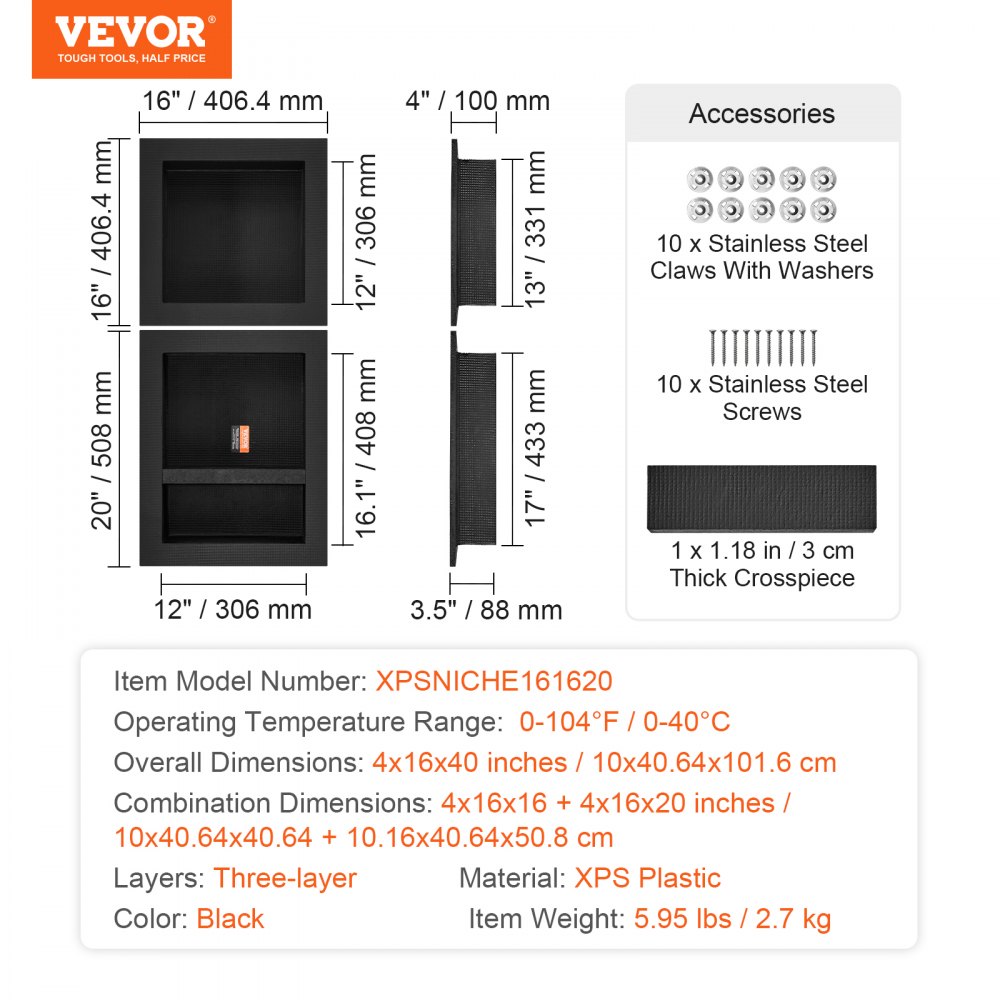 VEVOR Dusjnisje Klar for Flislegging 40,64x40,64cm og 40,64x50,8cm, Trippel Hylle, Firkantede Hjørner Vegginnfelt Nisje, Forseglet Beskyttelse Moderne Såpeoppbevaringsnisje for Duschbad, Svart
