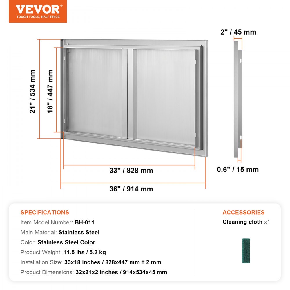 VEVOR BBQ Access Door, 914x534 mm Double Outdoor Kitchen Door, Stainless Steel Flush Mount Door, Wall Vertical Door with Recessed Handles , for BBQ Island, Grilling Station, Outside Cabinet