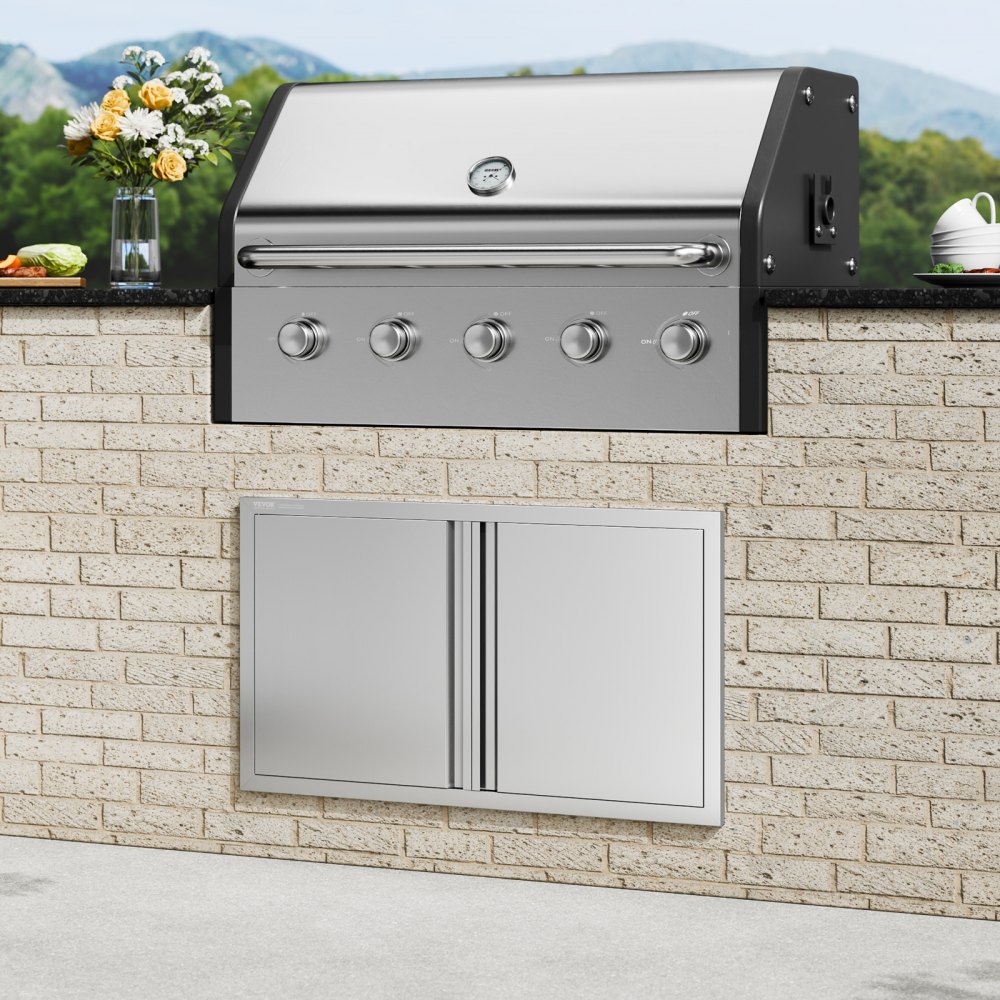 VEVOR BBQ Access Door, 914x534 mm Double Outdoor Kitchen Door, Stainless Steel Flush Mount Door, Wall Vertical Door with Recessed Handles , for BBQ Island, Grilling Station, Outside Cabinet