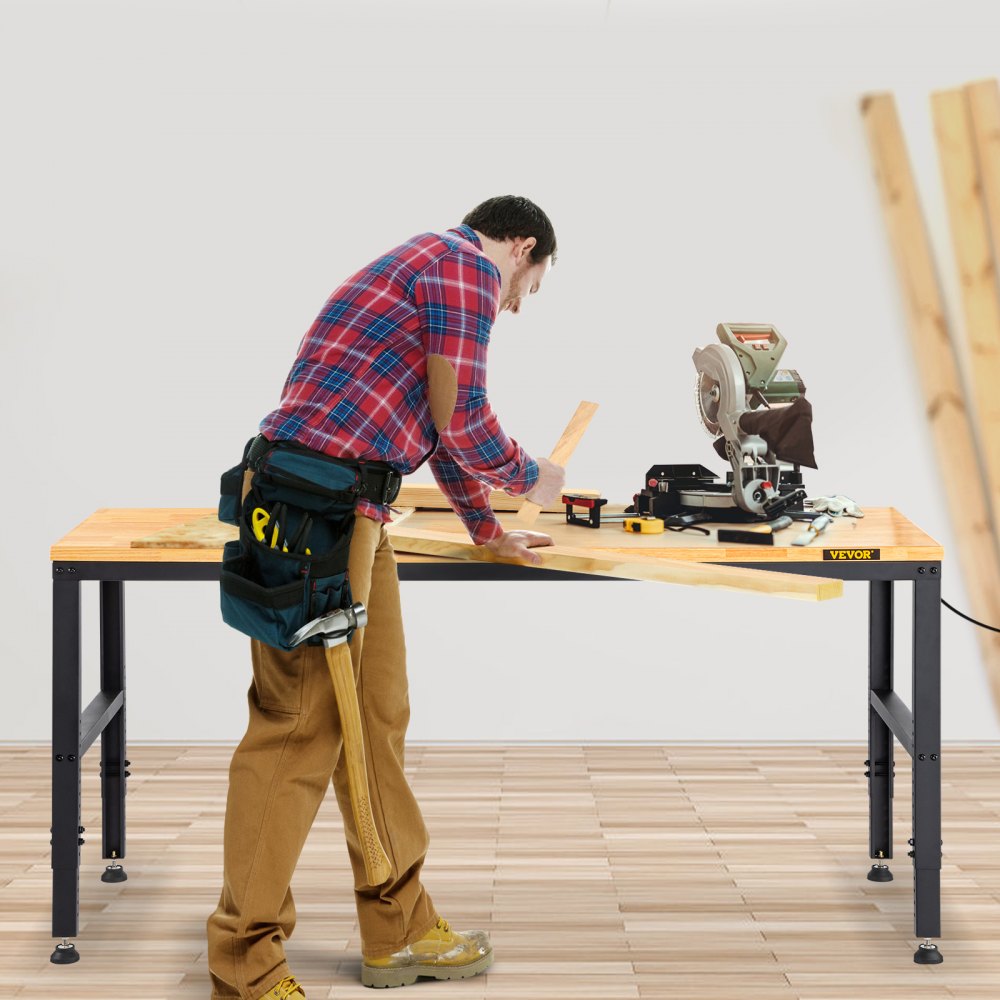 VEVOR arbeidsbenk justerbar høyde, 183 x 64 cm garasjebord med 72–97 cm høyde og 900 kg lastekapasitet, med strømuttak og bordplate i hardtre og metallramme og fotputer, for kontor, hjemmeverksted