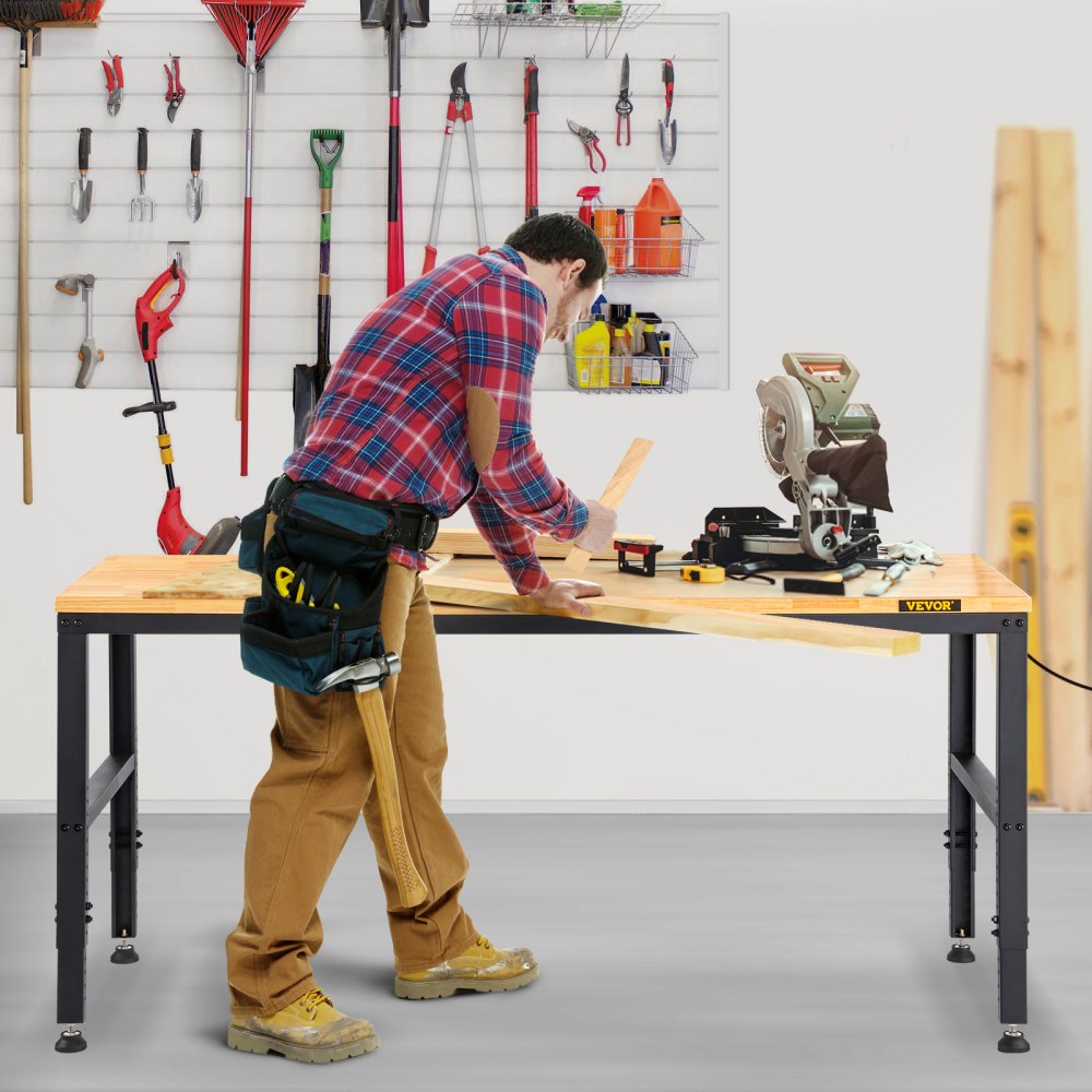 VEVOR arbeidsbenk justerbar høyde, 122 cm B x 61 cm DX 97 cm H garasjebord med 72–97 cm høyde og 900 kg lastekapasitet, med strømuttak og bordplate i hardtre og metallramme og fotputer, for kontor og hjem