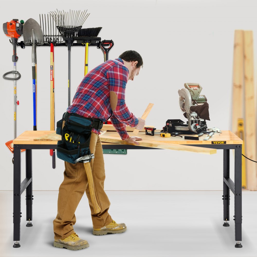 VEVOR Workbench Adjustable Height, 135cm W X 46cm D X 97cm H Garage Table w/ 72 – 97 cm Heights & 900KG Load Capacity, with Power Outlets & Hardwood Top & Metal Frame & Foot Pads, for Office Home