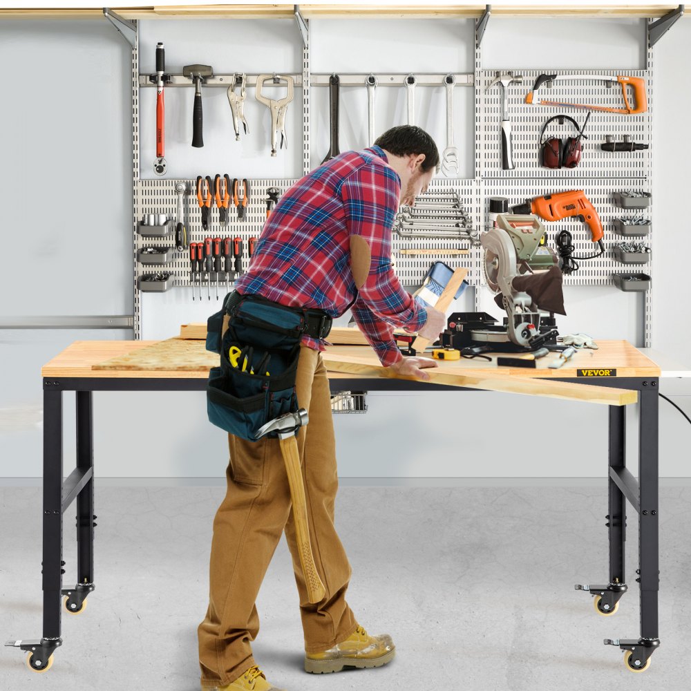 VEVOR arbeidsbenk Justerbar høyde, 122 cm BX 51 cm DX 104 cm H garasjebord m/ 79 – 104 cm høyder og 720 kg kapasitet, med strømuttak og treplater og metallramme og svingbare hjul, for kontorhjem