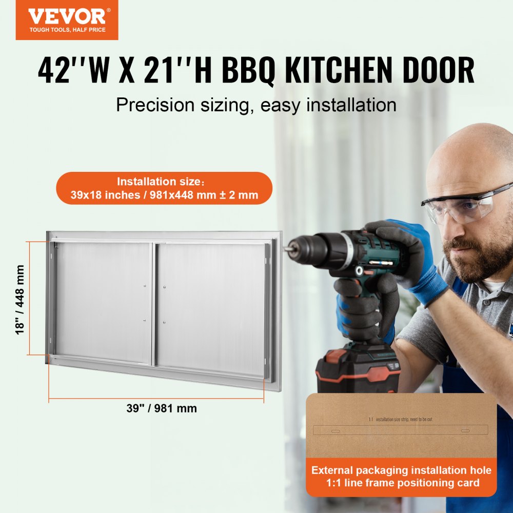 VEVOR BBQ-tilgangsdør, 1067x534 mm dobbel utendørs kjøkkendør, innfelt dør i rustfritt stål, vertikal veggdør med håndtak, for grilløy, grillstasjon, utendørsskap