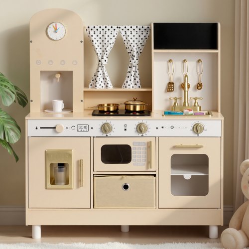 VEVOR Lekekjøkken for barn, tre, barnekjøkkensett med realistiske lys og lyder, mat og kokeutstyr, moderne stil, late-som-lek, ismaskin, mikrobølgeovn, for småbarn, jenter og gutter i alderen 3-8 år