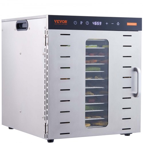 VEVOR 1000 W mattørker, rustfritt stål, 377 x 285 mm, 10 skuffer, 360° tørking, temperaturkontroll, 0,5 til 48 timers timer, overopphetingsbeskyttelse, oppskriftshefte for kjøtt, frukt og grønnsaker