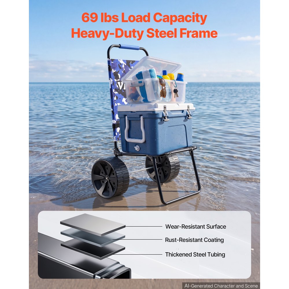 VEVOR Strandtralle med store hjul for sand, 15,4" x 15,7" lasteplan, med 10" solide PE-hjul, lastekapasitet 69 kg sammenleggbar sandtralle, kraftig tralle for piknik, camping, fisking, strand, hagearbeid