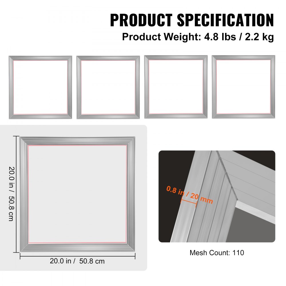 VEVOR Screen Printing Kit Silke Screen Printing ramme 20x20in 110 Count Mesh 4stk