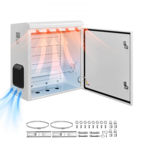 VEVOR utendørs elektrisk boks, kaldvalset stål, elektrisk koblingsboks med termostat og vifte, regnhette, ventilert design, IP65 vanntett hengslet kabinett, vegg-/stolpemontert, 600 x 600 x 300 mm