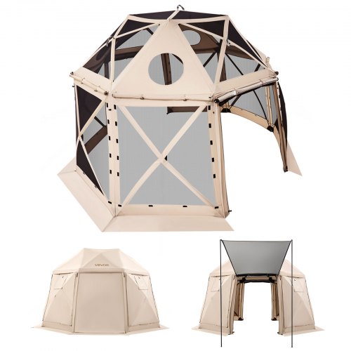 VEVOR Pop-up paviljongtelt med skjerm, 3,6x3,6 m, 13-sidig sfærisk campingtaktelt med avtakbar topp og bæreveske, hurtigmontert og bitesikkert, skjermet solskjerming for 8–10 personer, beige