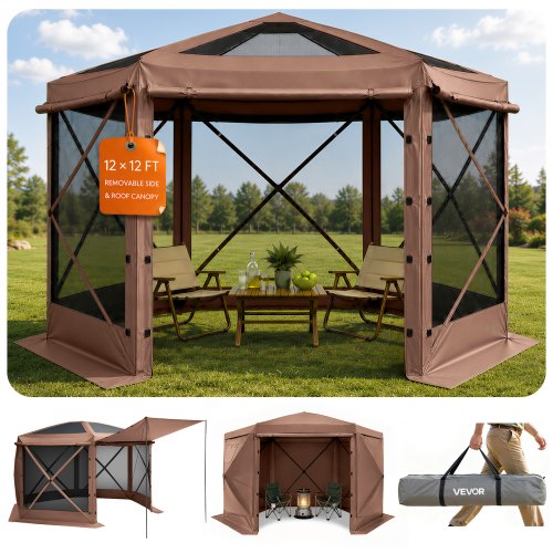 VEVOR Pop-up paviljongtelt, 3,6 x 3,6 m stort 6-sidig campingtelt med avtakbart tak og bæreveske, hurtigmontert og bitesikkert, skjermet solskjerming for 8-10 personer, bakgårdsterrasse, brun