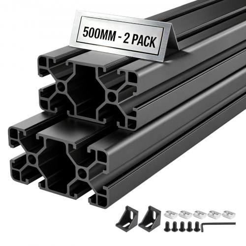VEVOR 2 stk. 4080 aluminiumsekstruderingsprofil, 19,69 tommer 500 mm, T-spor europeisk standard anodisert lineær skinne, høyfast ekstrudert aluminiumsskinne, for 3D-skriverdeler og CNC DIY-arbeidsbenk, svart