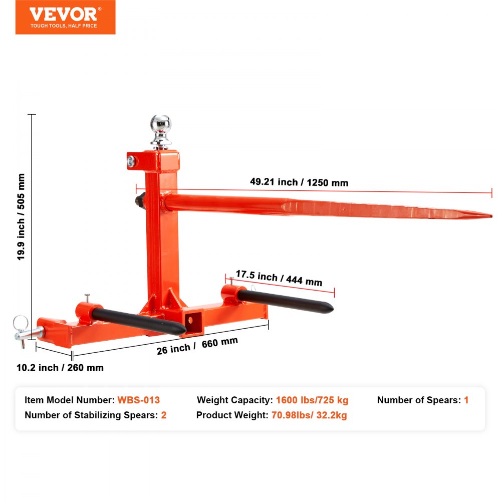 VEVOR 49" høyspyd, ballespyd 1600lbs lastekapasitet, trepunktsfeste for traktor med 2 stk. 17,5" stabilisatorspyd, hurtigfeste for gafler