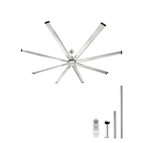 VEVOR 244 cm takvifte uten lys, 6-trinns fjernkontroll, aluminium 8-blader, reversibel likestrømsmotor, moderne lavprofil innfelt vifte for soverom, stue, terrasse, innendørs/utendørs, børstet nikkel