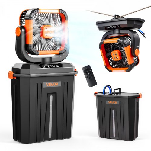 VEVOR trådløs campingvifte, 2400 o/min motor, utendørs tåkevifte med 12 liter vanntank, 20000 mAh batteri, 4 hastigheter og 3 lysmoduser, vannkjølt tåkevifte for camping, fisking, reiser