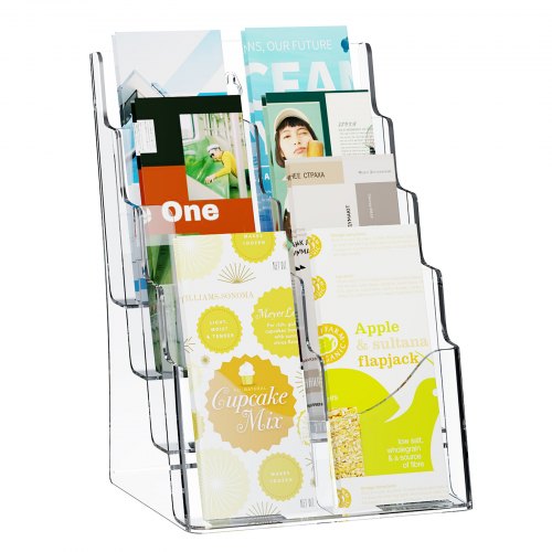 VEVOR akryl brosjyreholder 8,5 x 11 tommer, 4-lags klart akryl litteraturdisplaystativ, plastlitteraturorganisator og avtakbar skillevegg for kontorutstilling, benkeplate eller veggmontering