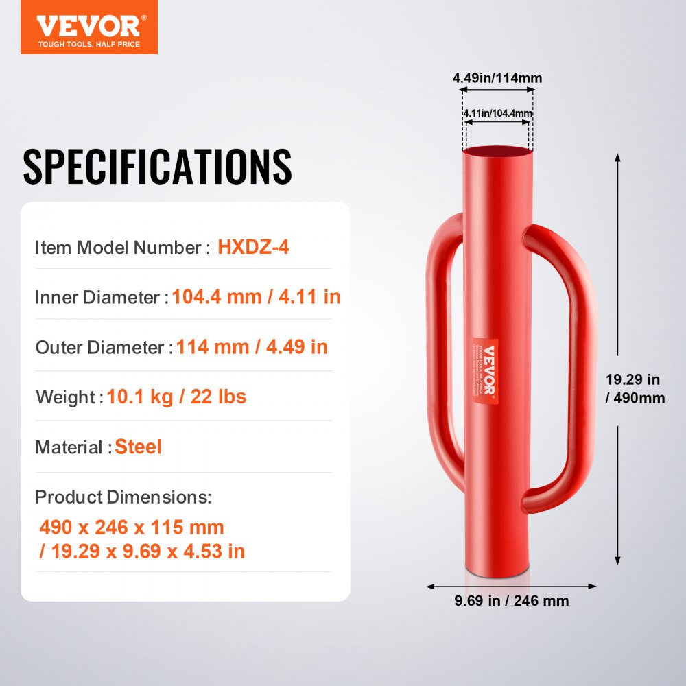 VEVOR Fence Post Driver with Handles 10.4 cm Inner Diameter T Post Pole Pounder