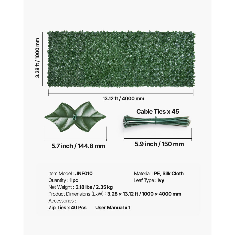 VEVOR Ivy Privacy Fence, 1 x 4m Artificial Green Wall Screen, Greenery Ivy Fence with Mesh Cloth Backing and Strengthened Joint, Faux Hedges Vine Leaf Decoration for Outdoor Garden, Yard, Balcony