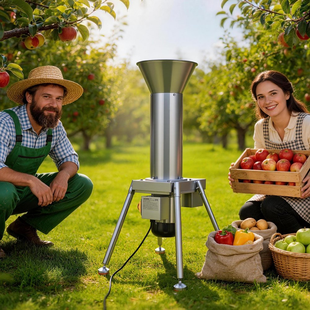 VEVOR 1100W elektrisk frukt-epleknuser, SUS304 frittstående knusemaskin, kverner hele epler opptil 80 mm diameter, 164 kg/t kapasitet, siderpresse for epler, pærer, ananas, guava, gulrot, potet