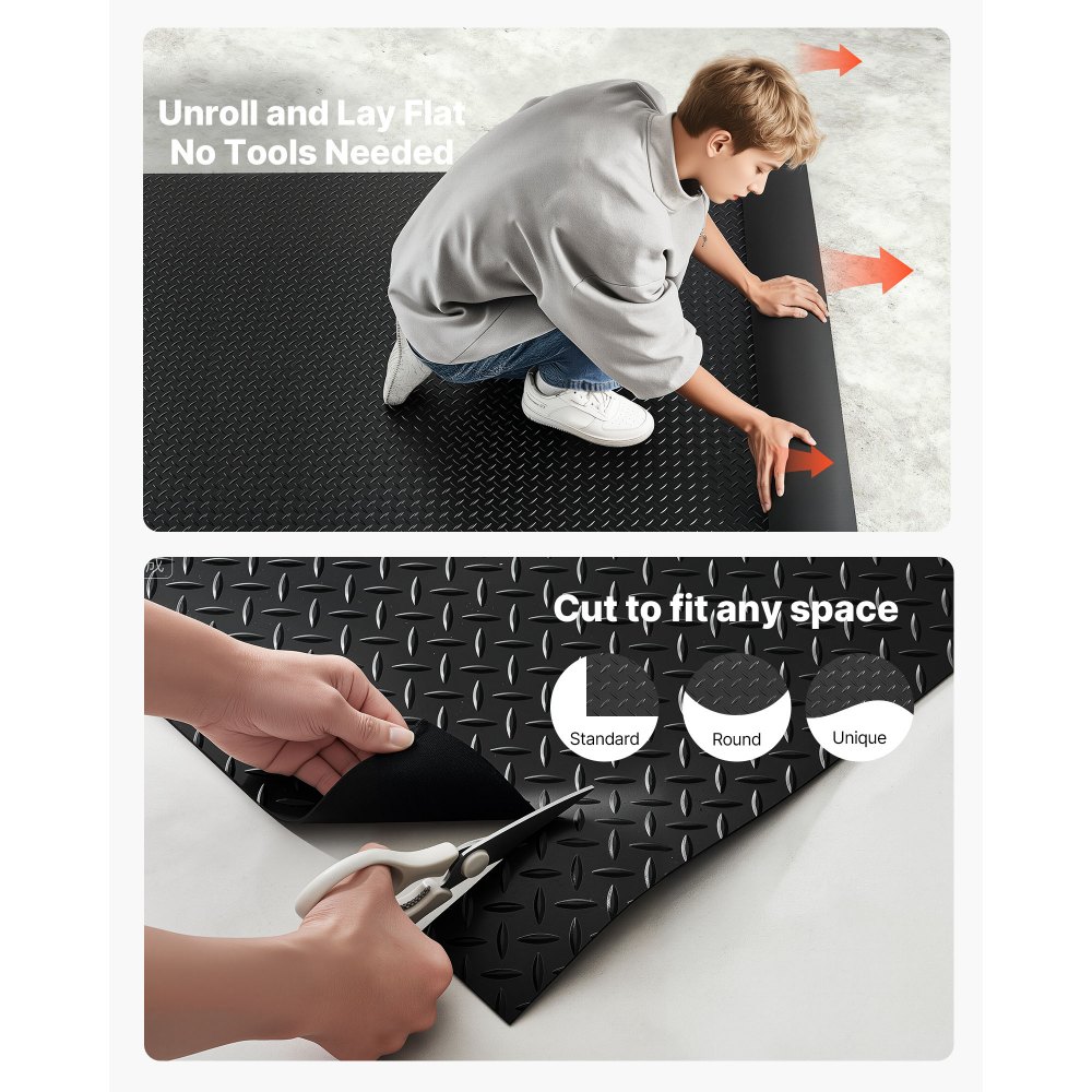 VEVOR garasjegulvrull, 1,22 x 6,1 m garasjegulvmatte, 3 mm fortykket gummi diamantplate gulvbeskyttelsesmatte, sklisikker, slitesterk, vanntett, enkel å rengjøre for lager, treningssentre, tilhenger, svart
