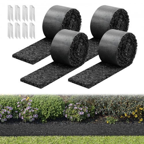 VEVOR gummimulchmatte på rull, 4 ruller 305 x 11,5 cm, permanent mulchkant av resirkulert gummi, naturlig blomstersperre med staker, 0,5 tommer tykk, skjærbar hagekant for landskapsarbeid