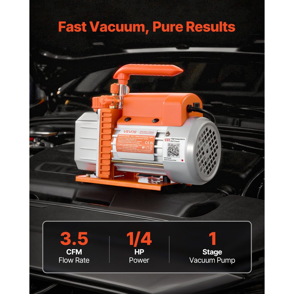 VEVOR vakuumpumpe, 3,5 CFM 99 L/min, HVAC ett-trinns roterende lamell AC vakuumpumpe, for R134a R22 R410a-systemer, 4-polet motor, for vedlikehold av klimaanlegg i biler, harpiksavgassing, olje inkludert