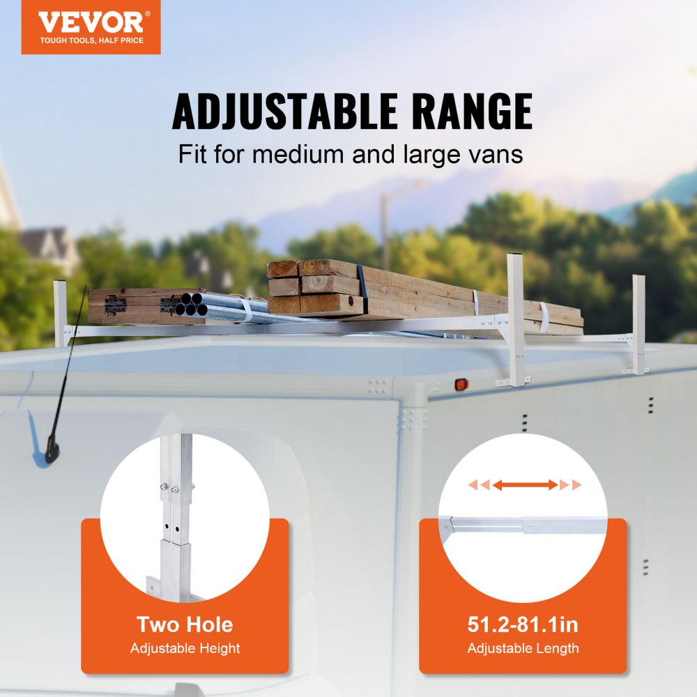 VEVOR Takstativ til varebil, 2 takstativer i aluminiumslegering, 181 kg kapasitet for takrenner, justerbar lengde 1300–2060 mm, Stigestativ til varebil, last, tilhenger