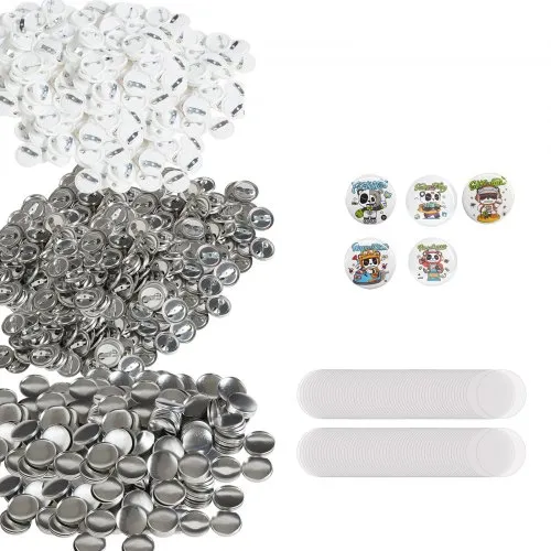 VEVOR 500 sett 1 tomme 25 mm bakknappdeler, DIY runde knappdeler til merke, sett inkluderer metalltopp, plast-/metallknapp, klar film og blankt papir til gaver, maskin ikke inkludert