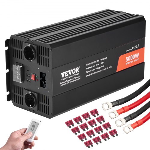 VEVOR Modifisert sinusbølgeinverter, 5000W, DC 12V til AC 230V strøminverter med 2 AC-uttak 2 USB-porter 1 Type-C-port, LCD-skjerm og fjernkontroll for husholdningsapparater med høy belastning, CE FCC-sertifisert