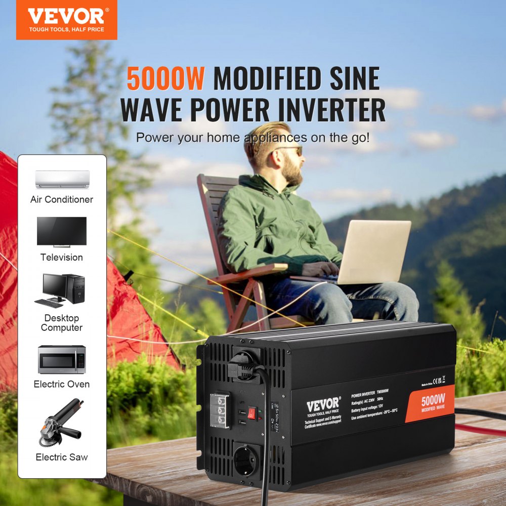 VEVOR Modifisert sinusbølgeinverter, 5000W, DC 12V til AC 230V strøminverter med 2 AC-uttak 2 USB-porter 1 Type-C-port, LCD-skjerm og fjernkontroll for husholdningsapparater med høy belastning, CE FCC-sertifisert