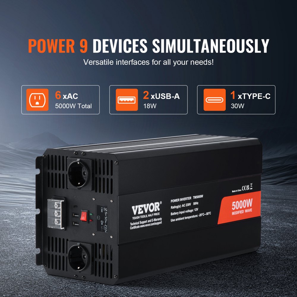 VEVOR Modifisert sinusbølgeinverter, 5000W, DC 12V til AC 230V strøminverter med 2 AC-uttak 2 USB-porter 1 Type-C-port, LCD-skjerm og fjernkontroll for husholdningsapparater med høy belastning, CE FCC-sertifisert
